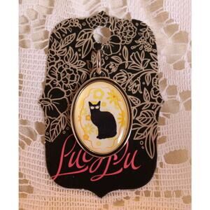 New Signed Lucy Lu One of a Kind Black Cat Kitten w/ Glasses Yellow Floral Charm